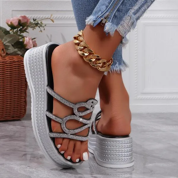 Women's Fashionable Rhinestone Snake Wedge Slippers 09733928S