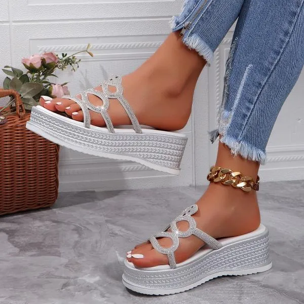 Women's Fashionable Rhinestone Snake Wedge Slippers 09733928S