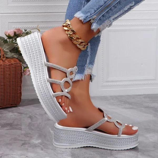 Women's Fashionable Rhinestone Snake Wedge Slippers 09733928S