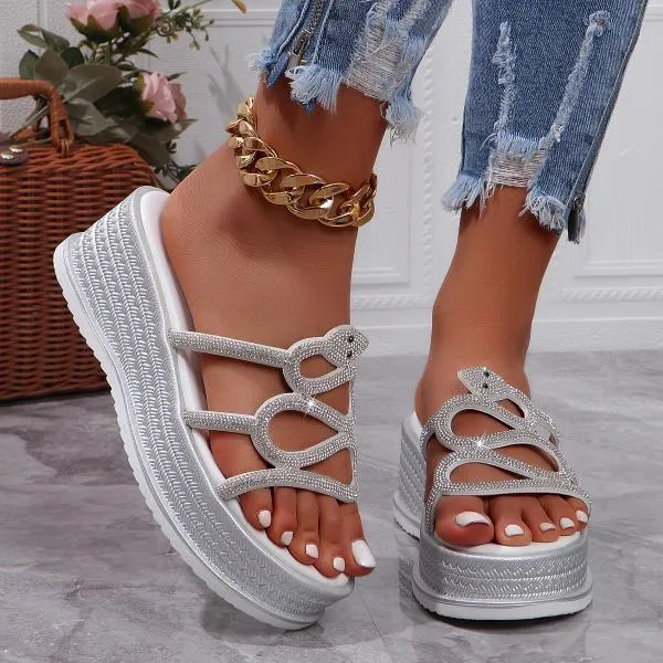 Women's Fashionable Rhinestone Snake Wedge Slippers 09733928S