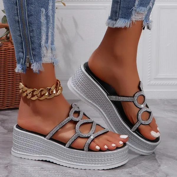 Women's Fashionable Rhinestone Snake Wedge Slippers 09733928S