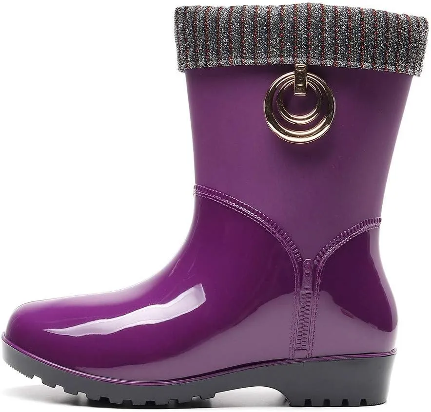 Womens Rain Boots Tall Waterproof Knitted Lined Mens Grounded Footwear Booties Barefoot Shoes Casual Fall Mid Calf Rain Boots for Women,Waterproof Garden Womens Winter Boots