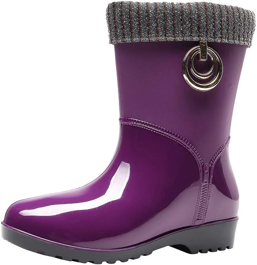 Womens Rain Boots Tall Waterproof Knitted Lined Mens Grounded Footwear Booties Barefoot Shoes Casual Fall Mid Calf Rain Boots for Women,Waterproof Garden Womens Winter Boots