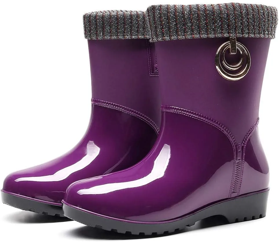 Womens Rain Boots Tall Waterproof Knitted Lined Mens Grounded Footwear Booties Barefoot Shoes Casual Fall Mid Calf Rain Boots for Women,Waterproof Garden Womens Winter Boots