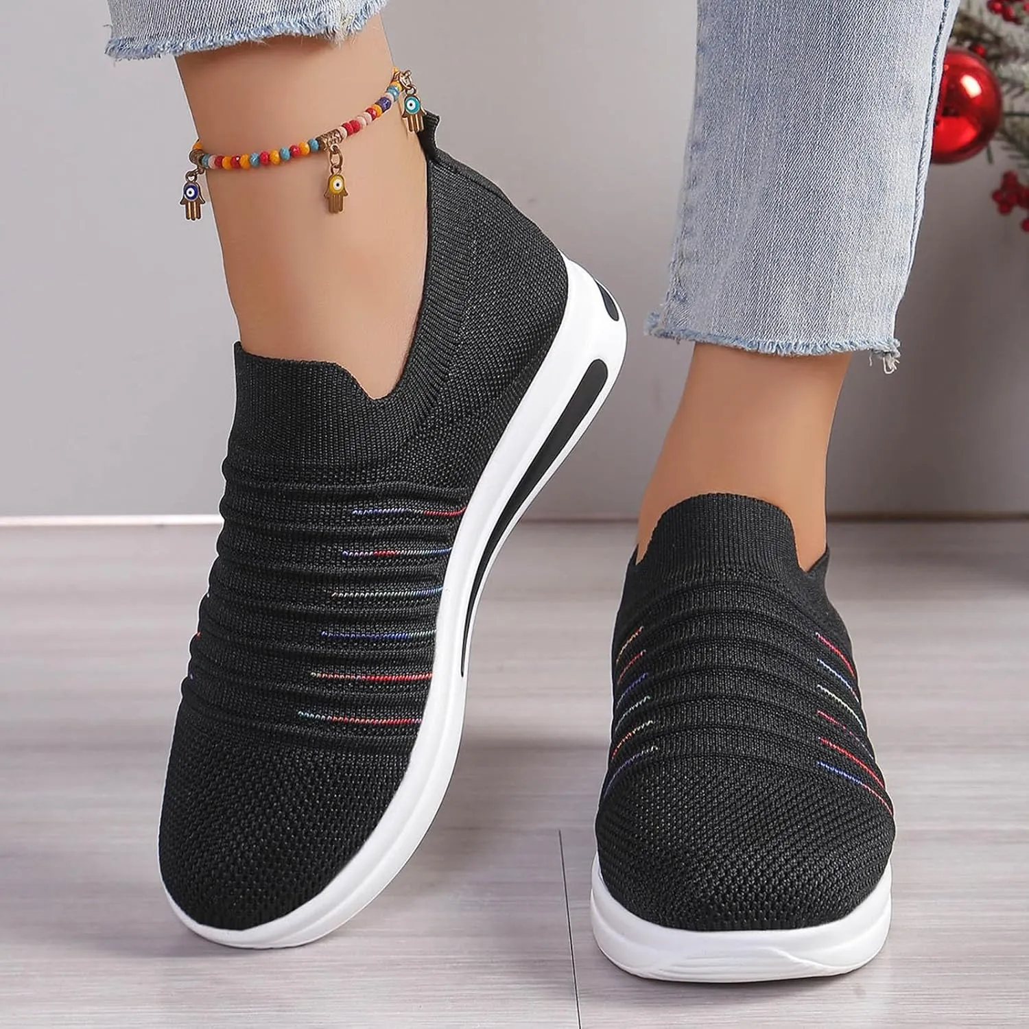 Womens Summer Breathable Shoes Soft Sole Flying Mesh Slip On Shoes for Women Non Slip Comfortable Non Slip Thick Sole Loafers Travel Friendly Shoe,Daily Workout Working Lightweight Shoe,